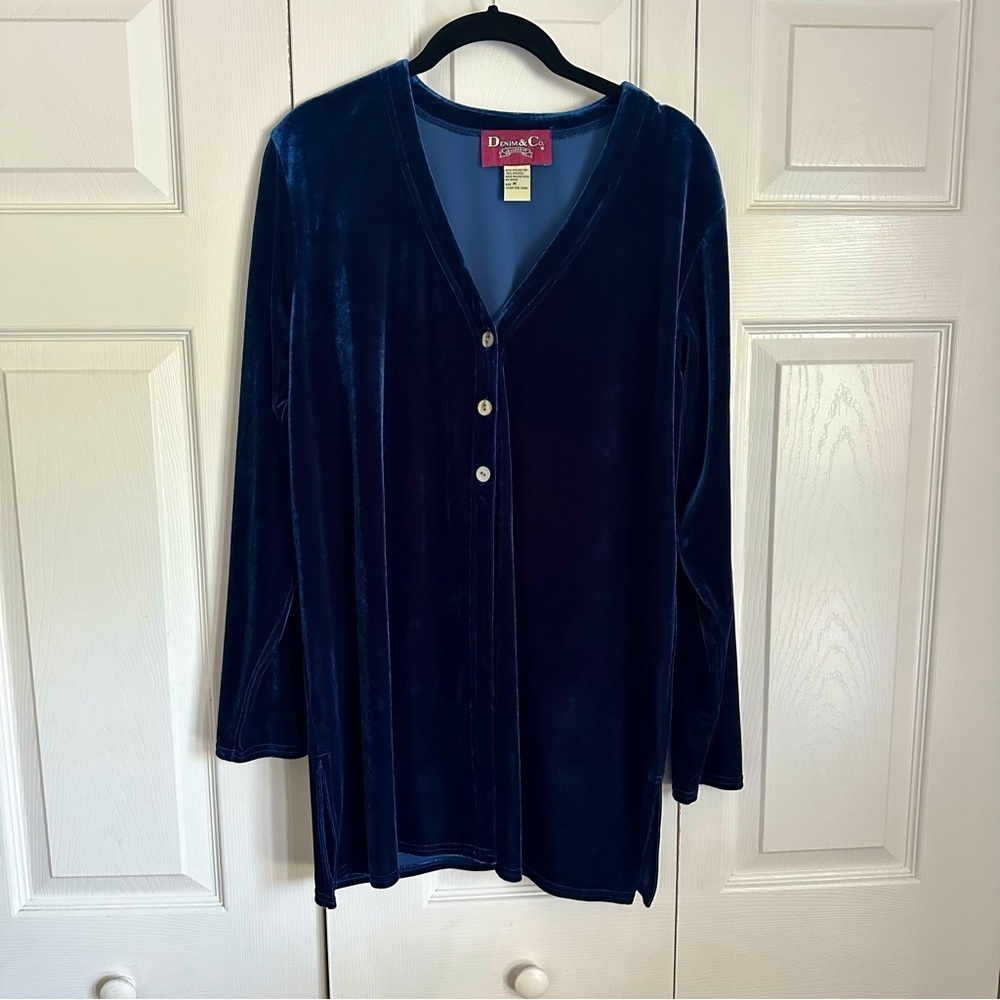 Denim & Co. Shirt Womens Medium Blue Velvet Long Sleeve Button Tunic Old Money